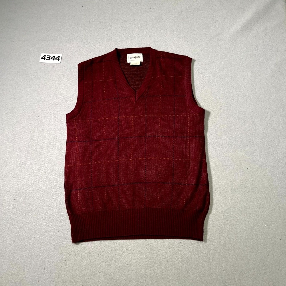 Campus Sweater Mens Large Maroon Plaid V Neck Acrylic Ribbed Hem‎ Retro